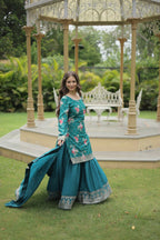 Vastranavya Premium Designer Printed With Sequins & Thread Embroidered work Kurti Palazzo & Dupatta - Firozi | Grocsy