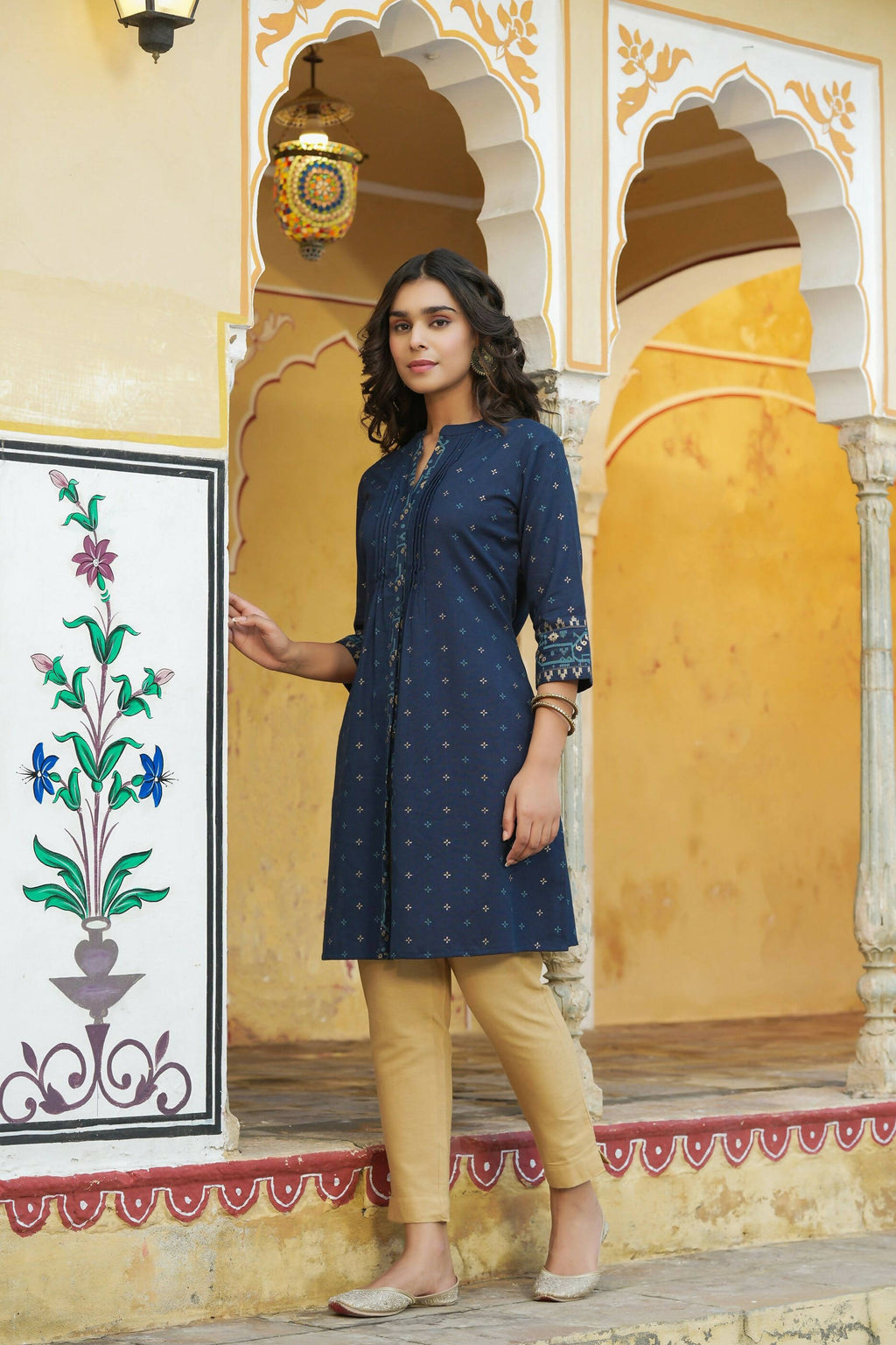 Juniper Women's Blue Cotton Flex Printed A-Line Kurta | Grocsy