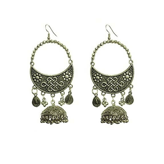 Tiaraa Silver Alloy Oxidised Jhumki Dangle Earrings For Women