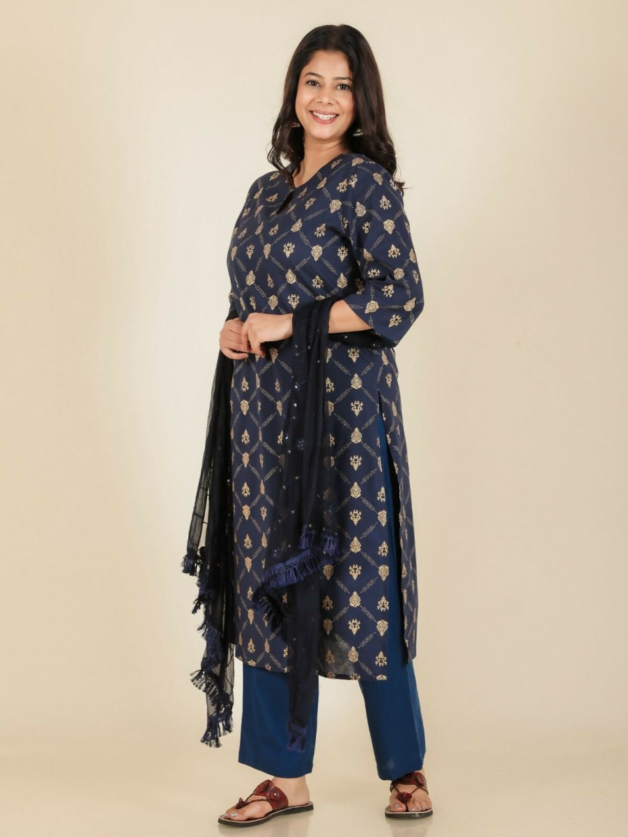 Aramya Straight Soft Cotton Floral Print Women's Kurta Set - Blue | Grocsy