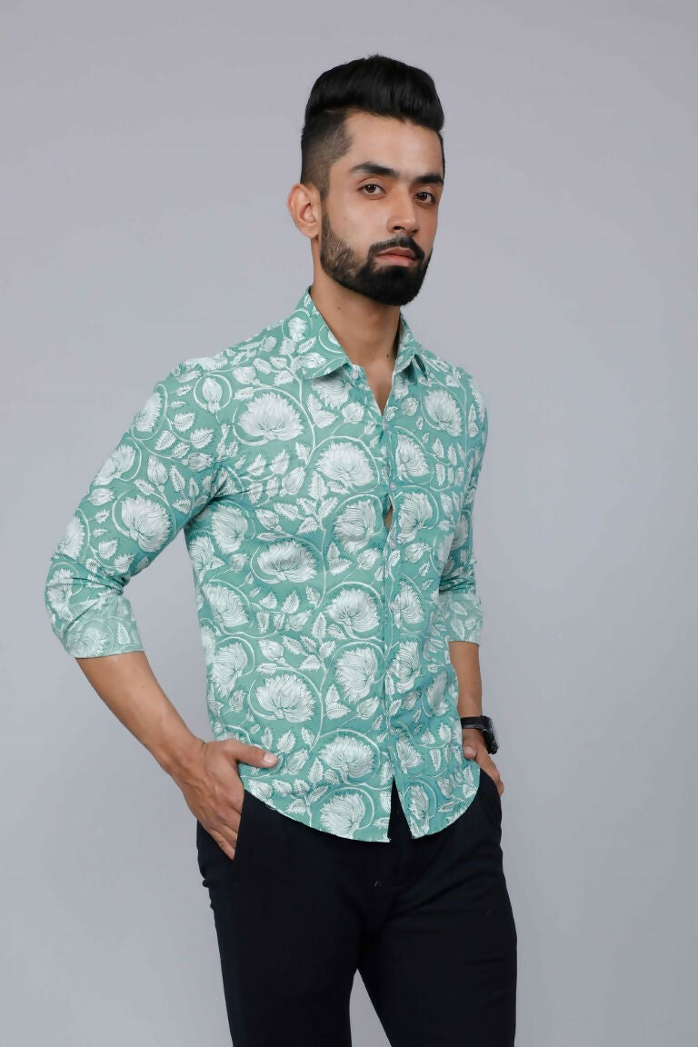Miravan Men's Cotton Green Floral Printed Slim Fit Shirt | Grocsy