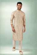 Raivat Ethnic Art Silk Printed Work Kurta Pajama In Cream Colour | Grocsy