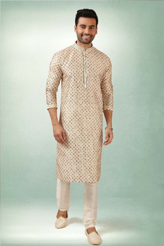 Raivat Ethnic Art Silk Printed Work Kurta Pajama In Cream Colour | Grocsy