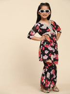 Alakhi Studio Girls Floral Georgette Printed V-Neck Kurta With Sharara - Black | Grocsy