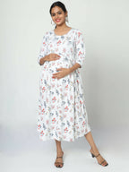 Manet Three Fourth Maternity Dress Floral Print With Concealed Zipper Nursing Access - White | Grocsy