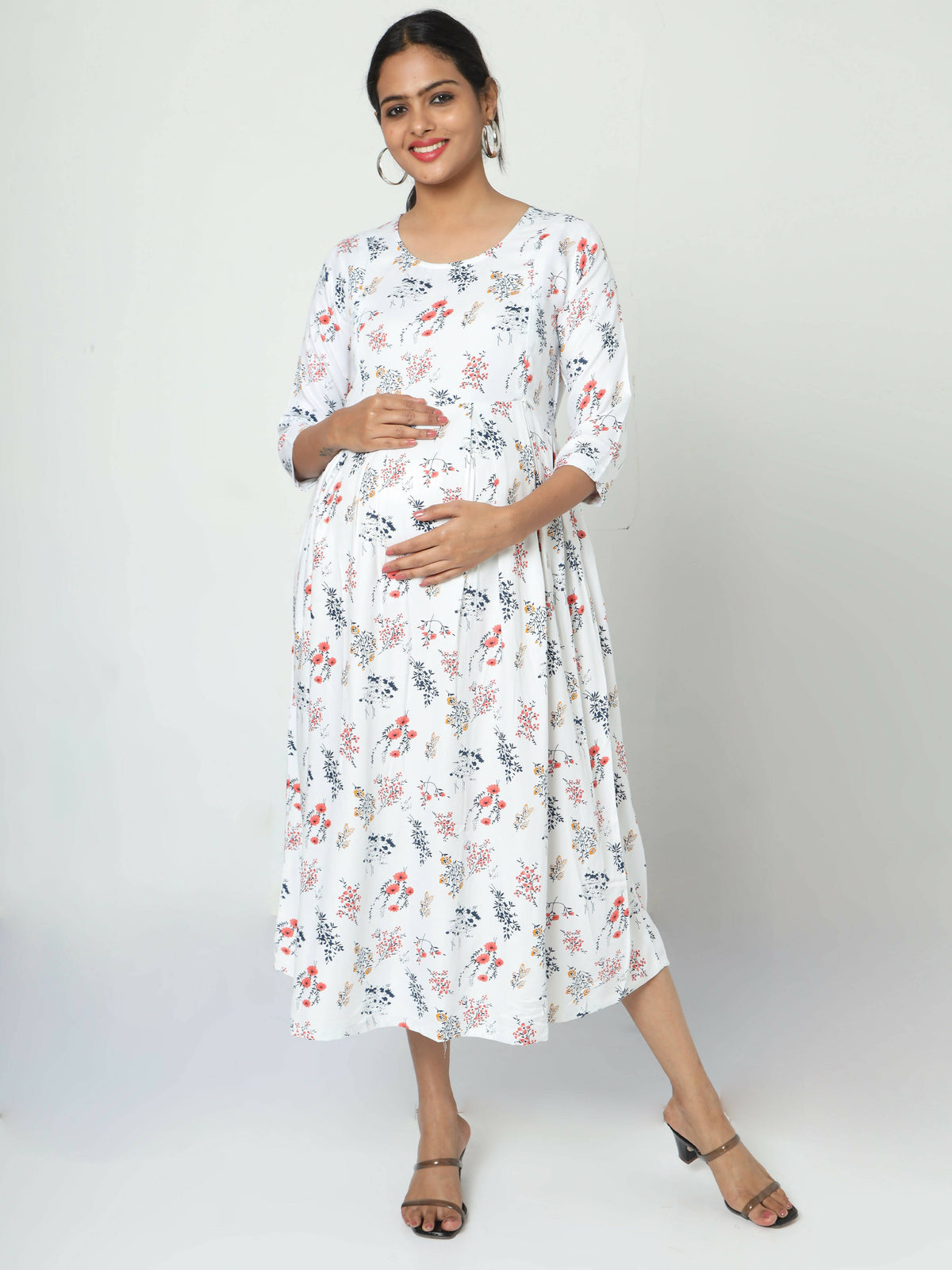 Manet Three Fourth Maternity Dress Floral Print With Concealed Zipper Nursing Access - White | Grocsy