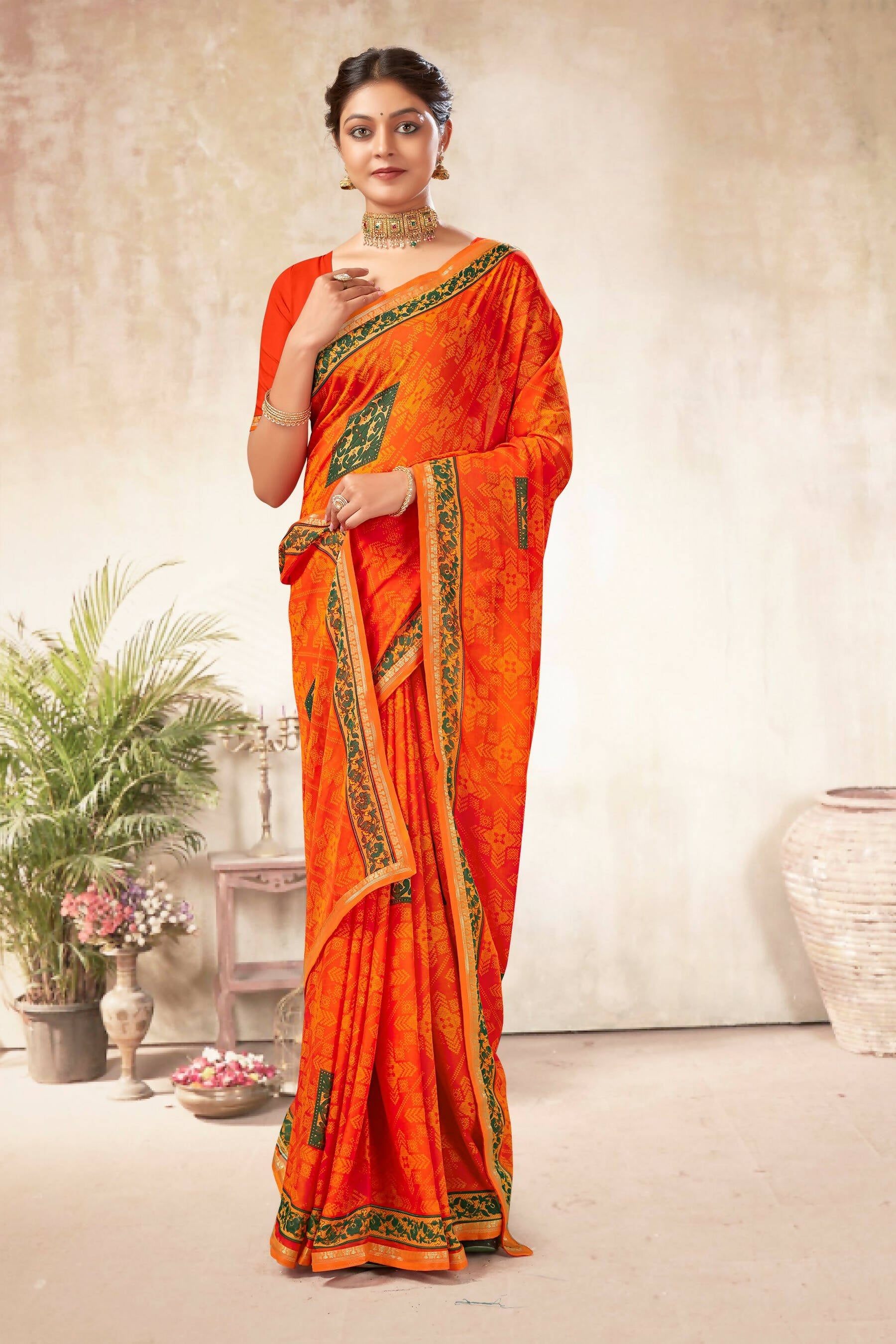 Orange Georgette Bandhni Printed Saree With Unstitched Blouse Piece - Shanaya | Grocsy