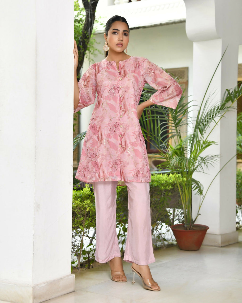 Vaasva Women's Pink Organza Digital Printed Cord Set | Grocsy