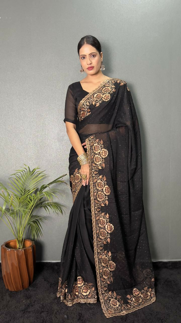 Vastranavya Black Rangoli Silk Zari work with DMC Swarovski work Ready to Wear Saree | Grocsy