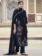 Jyoti Fashion Women's Navy Blue Velvet Resham Thread with Jari & Sequin Kurta with Trouser & Dupatta | Grocsy