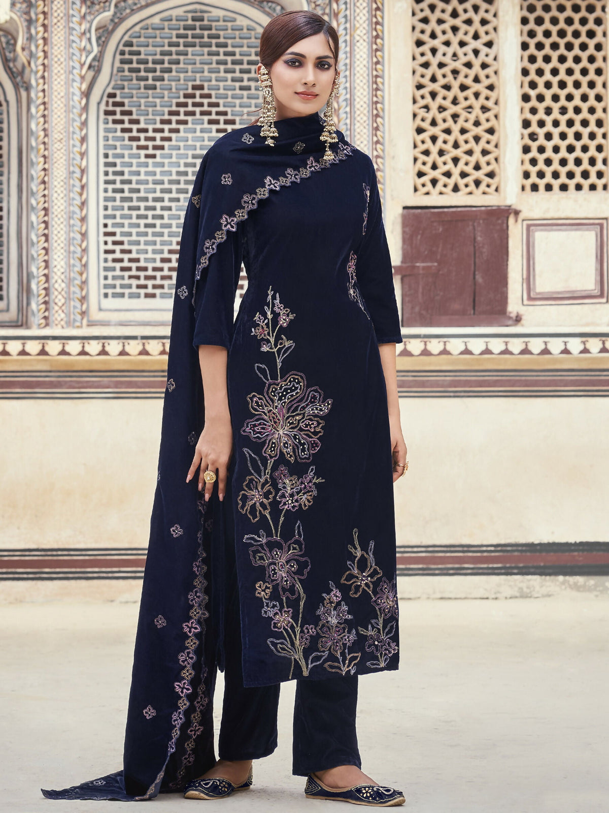 Jyoti Fashion Women's Navy Blue Velvet Resham Thread with Jari & Sequin Kurta with Trouser & Dupatta | Grocsy