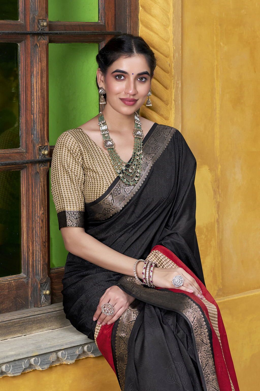 Vastranavya Black Printed with Zari Weaving Work Poly Cotton Saree & Unstitched Blouse | Grocsy