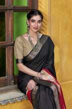 Vastranavya Black Printed with Zari Weaving Work Poly Cotton Saree & Unstitched Blouse | Grocsy