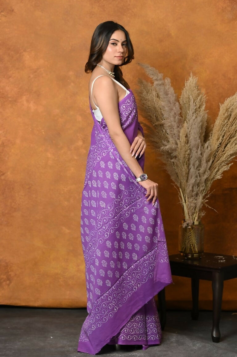 Very Much Indian Handblock Printed Cotton Saree With Natural Dyes - Purple | Grocsy