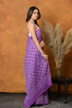 Very Much Indian Handblock Printed Cotton Saree With Natural Dyes - Purple | Grocsy