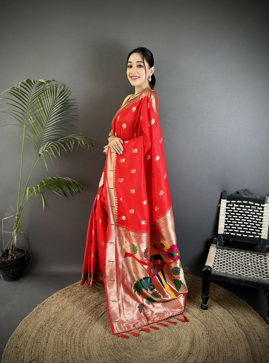 Joban Fashion Red Peacock & Floral Motifs Soft Silk Kanchipuram Saree | Grocsy