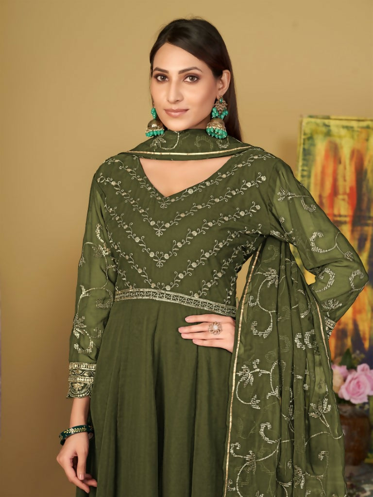Jyoti Fashion Women's Olive Green Georgette Embroidered Anarkali Kurta Pant Set With Dupatta | Grocsy