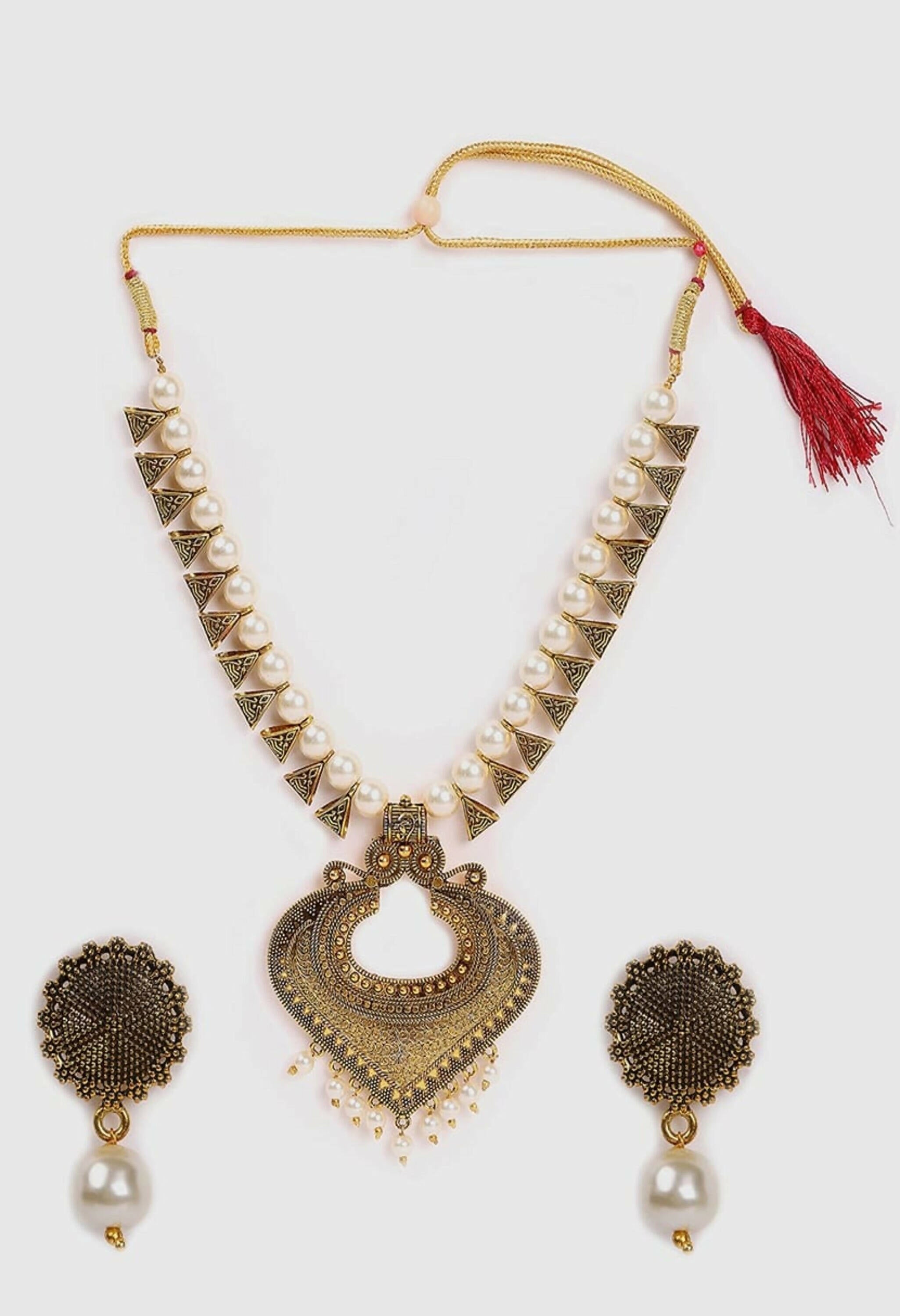 Mominos Fashion Joharkamal Oxidised Gold-Polished Pearls Work Long Necklace Handicraft For Women & Girls | Grocsy