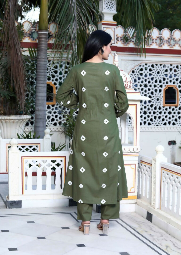 Miravan Women's Moti And Chikan Embroidered Bandhani Printed A-Line Mehandi Kurta Palazzo Set | Grocsy