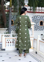Miravan Women's Moti And Chikan Embroidered Bandhani Printed A-Line Mehandi Kurta Palazzo Set | Grocsy