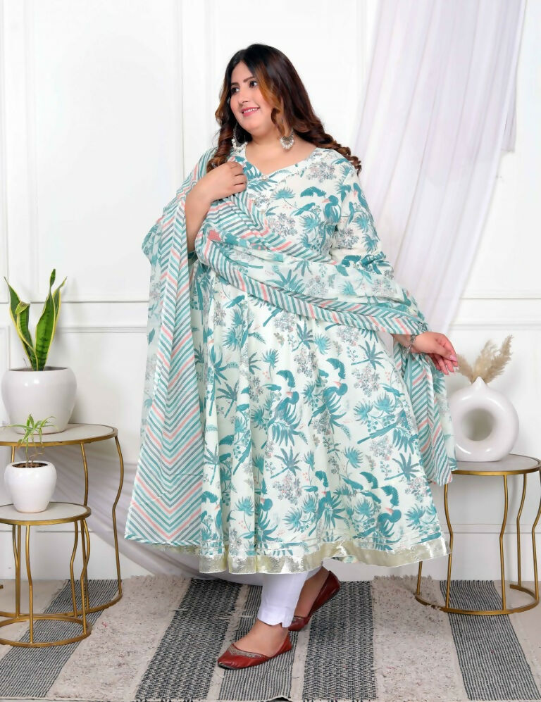 Miravan Women's Plus Size Light Green Cotton Birds And Leaf Floral Printed And Lace Border Details Anarkali Kurta And Dupatta Set | Grocsy