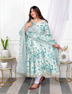 Miravan Women's Plus Size Light Green Cotton Birds And Leaf Floral Printed And Lace Border Details Anarkali Kurta And Dupatta Set | Grocsy