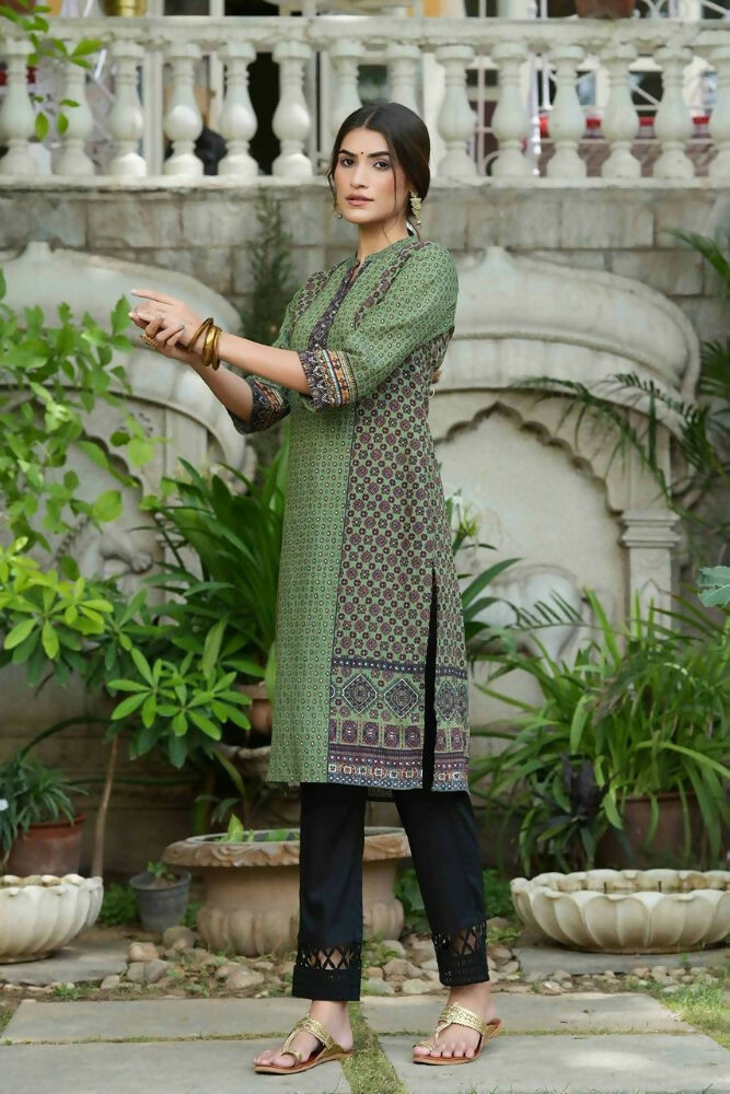 Juniper Green Ethnic Motif Printed Rayon calf length Kurta with Beads & Gota Work | Grocsy