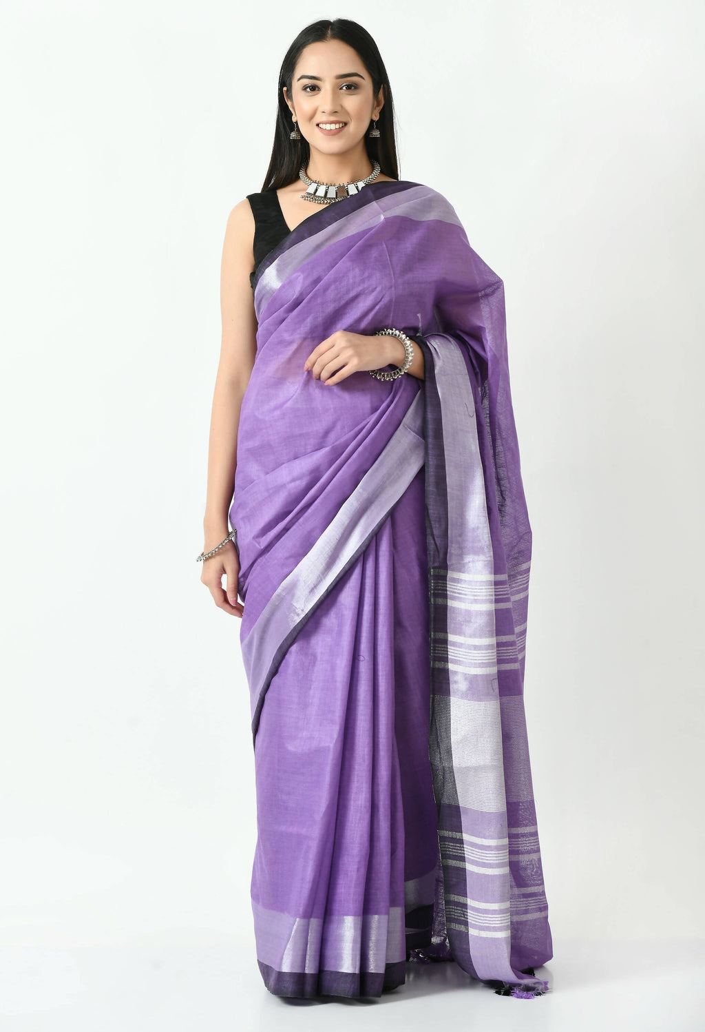 Mominos Fashion Moeza Purple & Black Bhagalpuri Handloom Silk Linen Saree with unstitched Blouse piece | Grocsy