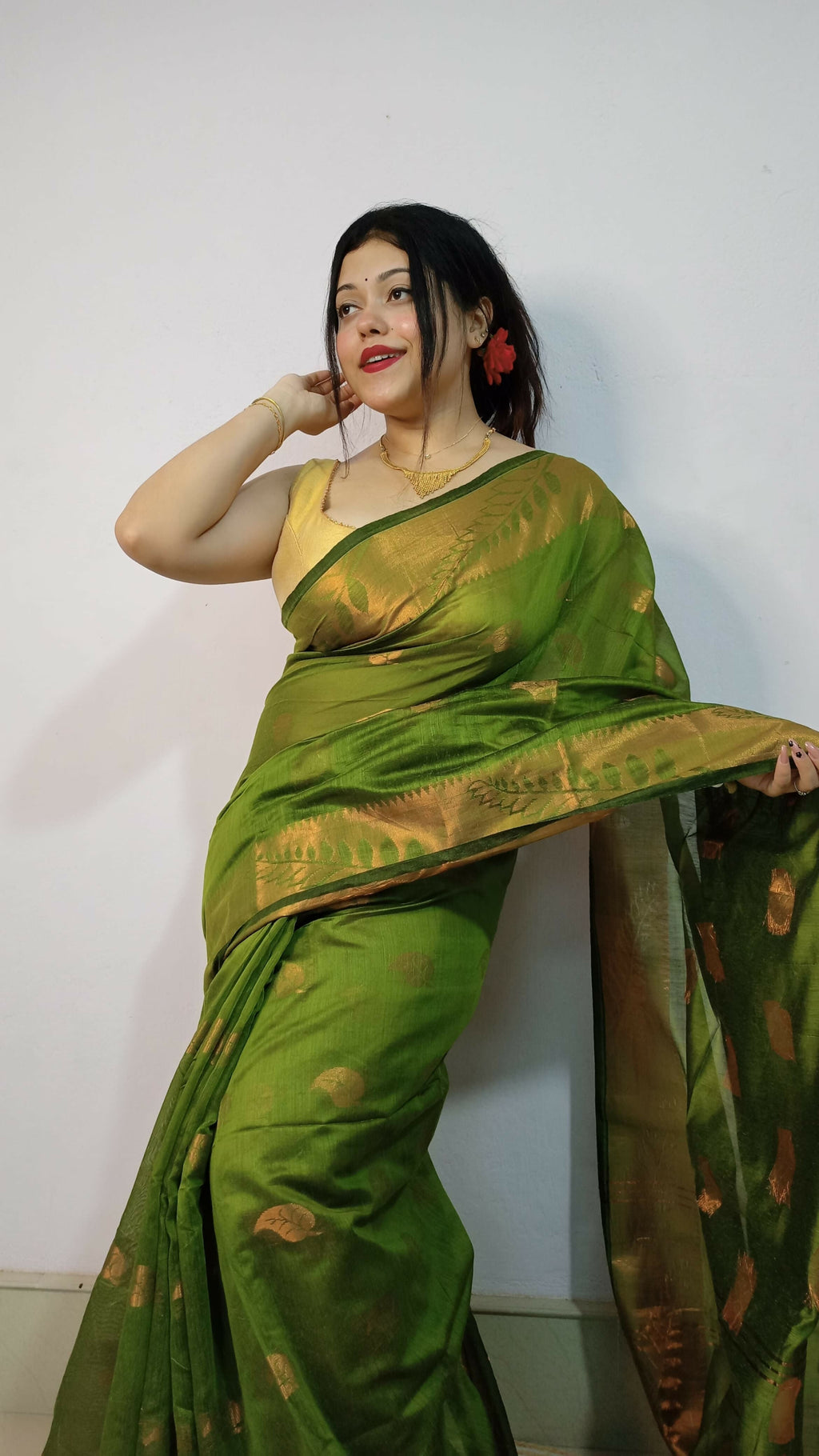 Exclusive Collection Beautiful Olive Green Cotton Silk Woven Handloom Saree With Running Blouse Piece | Grocsy