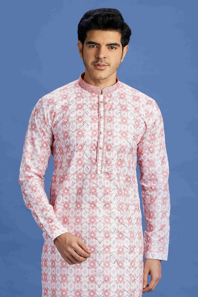 Raivat Ethnic Cotton Embroidery Kurta Pajama In Pink Colour | Grocsy