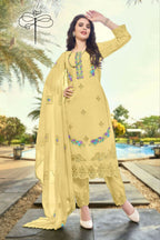 Jyoti Fashion Women's Light Yellow Faux Georgette Heavy Embroidery and Moti Work Kurta Set | Grocsy