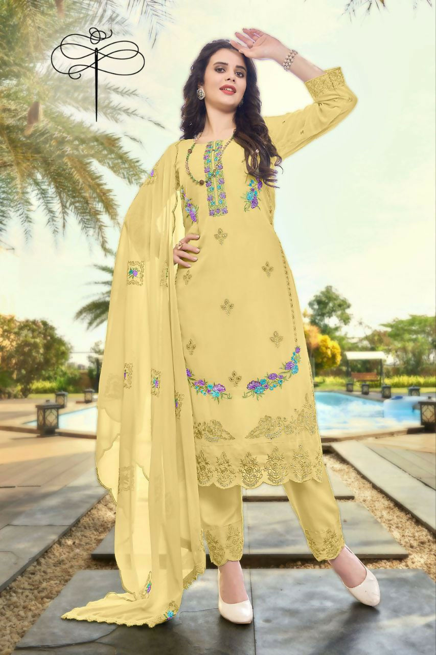 Jyoti Fashion Women's Light Yellow Faux Georgette Heavy Embroidery and Moti Work Kurta Set | Grocsy
