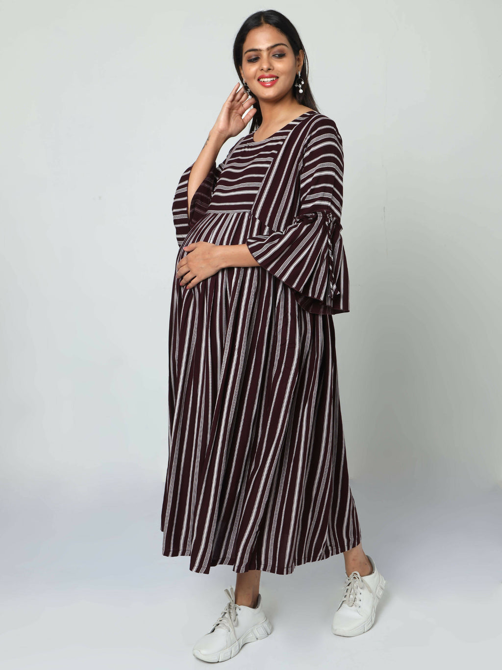 Manet Three Fourth Maternity Dress Striped With Concealed Zipper Nursing Access - Brown | Grocsy