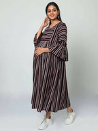 Manet Three Fourth Maternity Dress Striped With Concealed Zipper Nursing Access - Brown | Grocsy