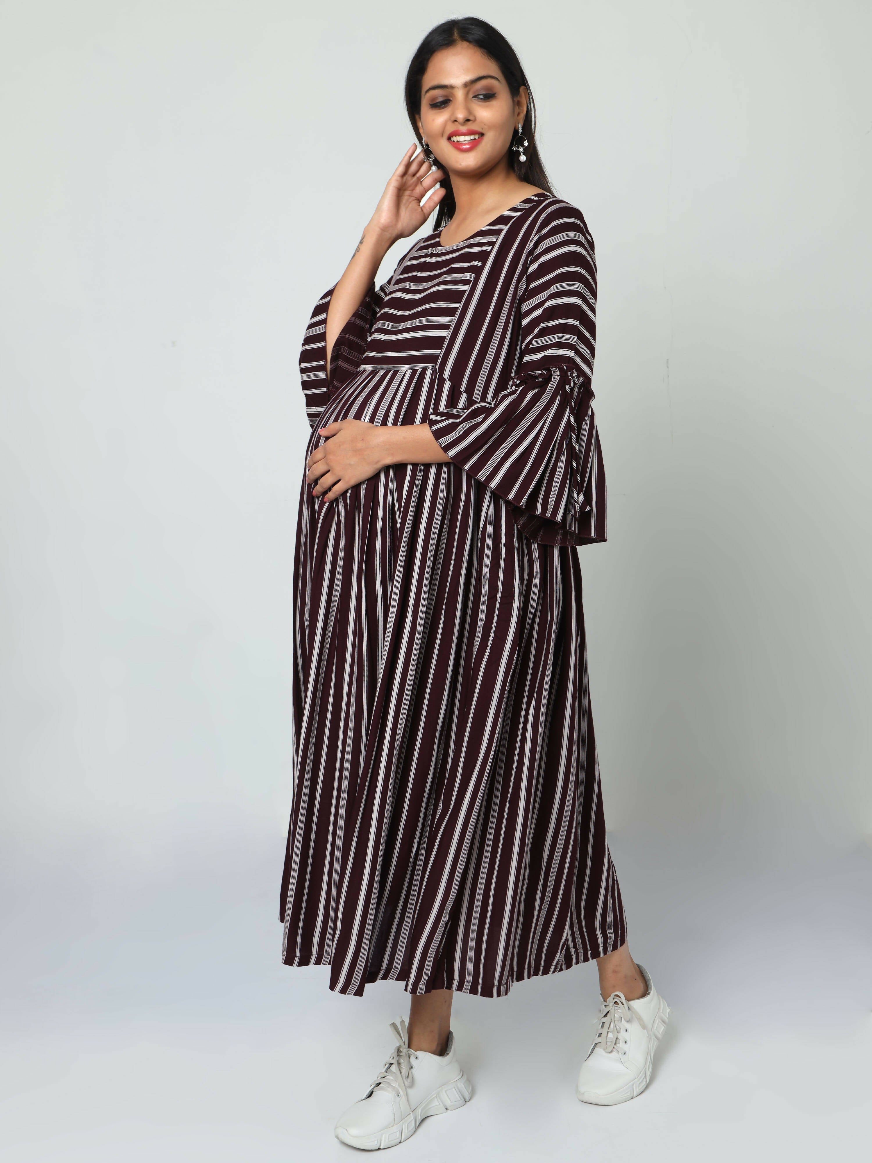 Manet Three Fourth Maternity Dress Striped With Concealed Zipper Nursing Access - Brown | Grocsy