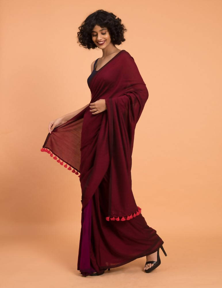 Suta Purple Maroon Colourblocked Cotton Acrylic Saree | Grocsy
