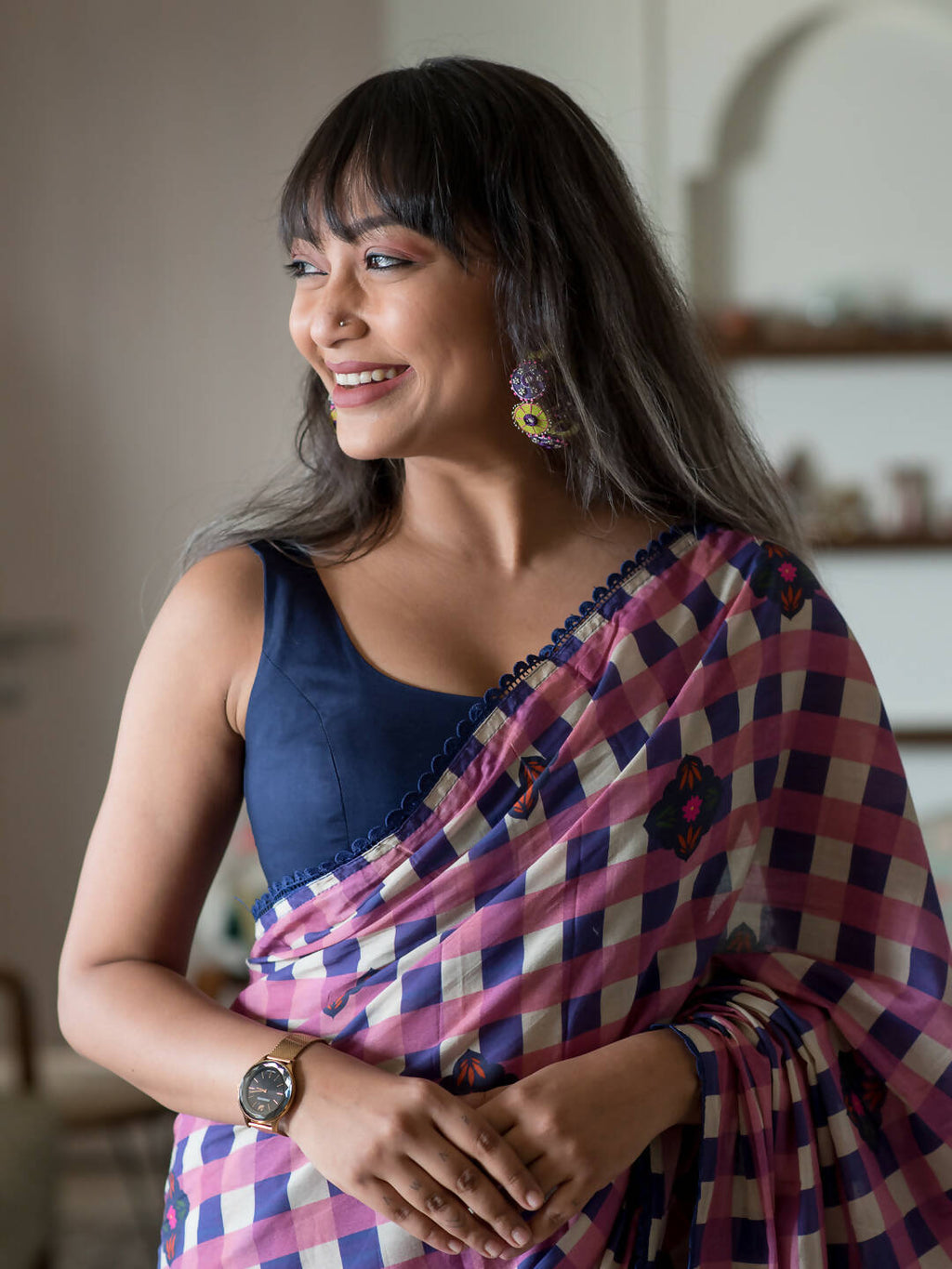 Suta Multi Color Checked Pure Cotton Saree | Grocsy