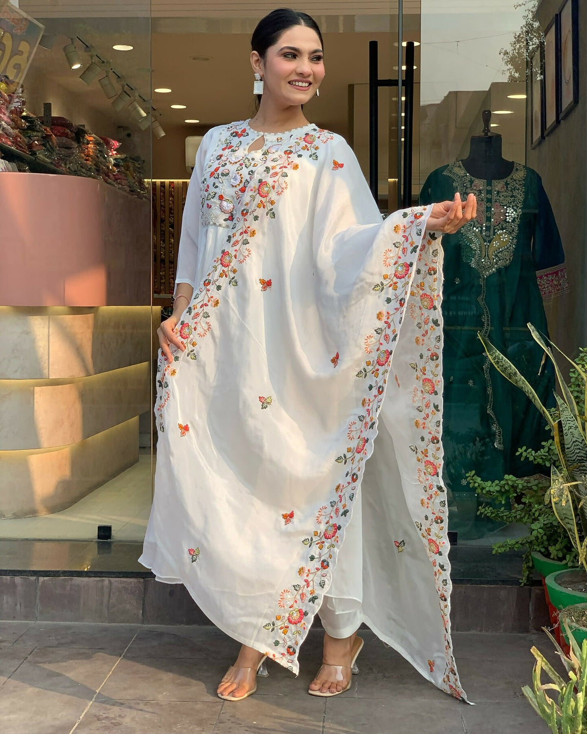 The52 White Women's Gorgeous Embroidered Viscose Chiffon Fabric Pleated Kurta Pant with Dupatta Set | Grocsy