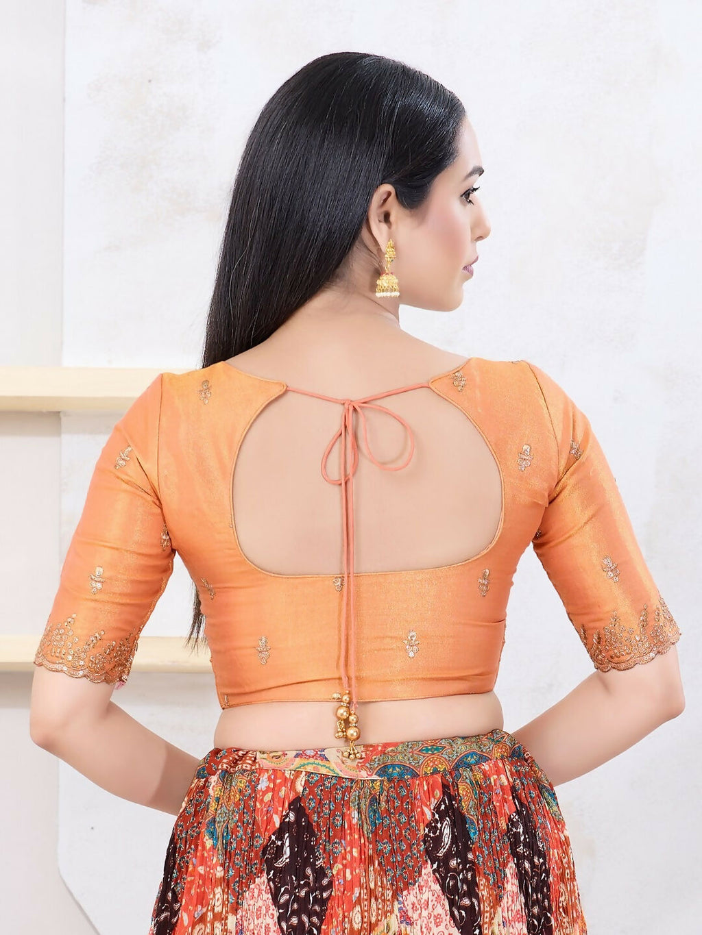 Joban Fashion Rust-Gold Shimmer Elbow Sleeveless Front Open Blouse | Grocsy