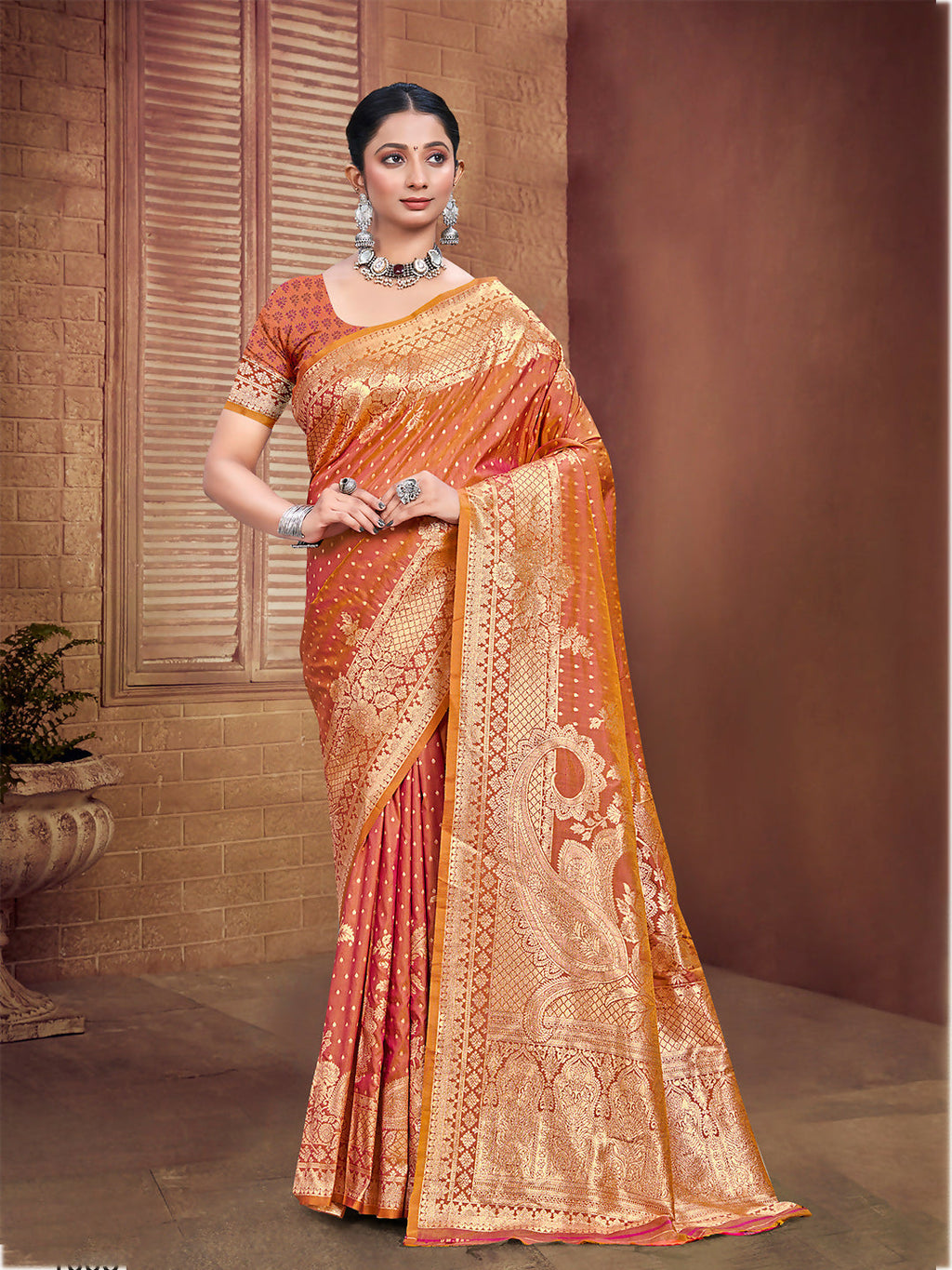 Sangam Prints Orange Silk Woven Work Traditional Saree | Grocsy