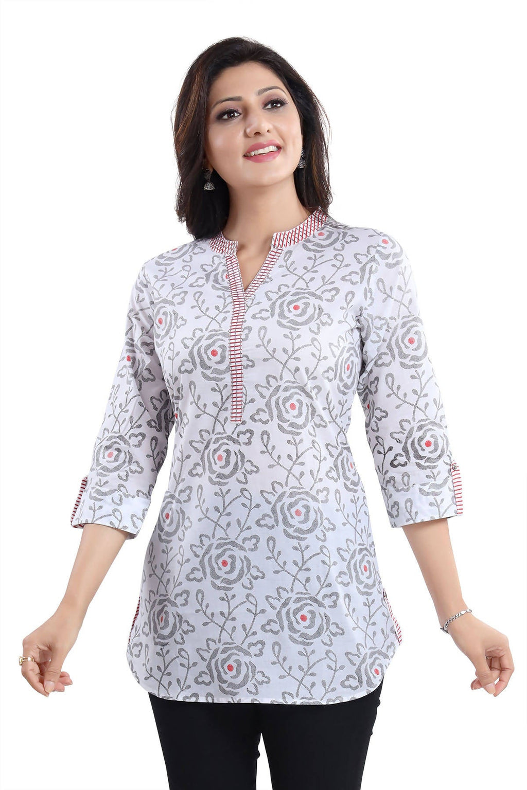 Snehal Creations Vibrant Vigour White Cotton Printed Short Tunic Top | Grocsy