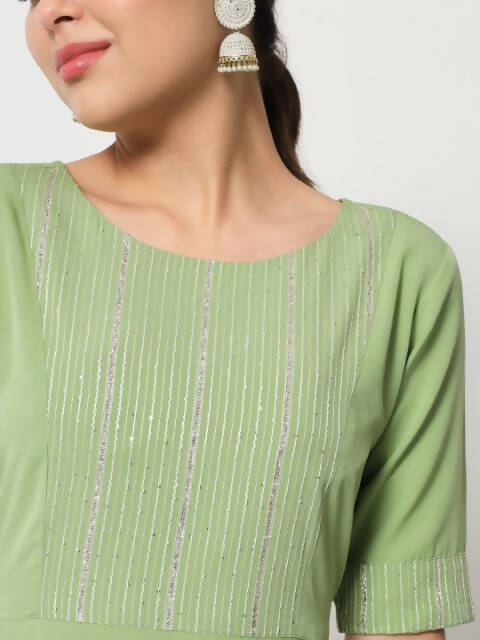 FIORRA Women's Pista Green Poly Crepe Flared Kurta With Dupatta | Grocsy