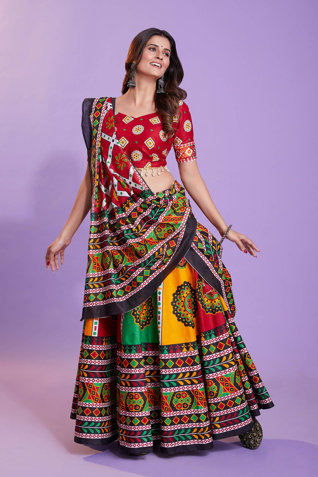 Multi Color Pure Cotton Hand Block Print Navratri Lehenga Choli with Dupatta - Raas | Grocsy