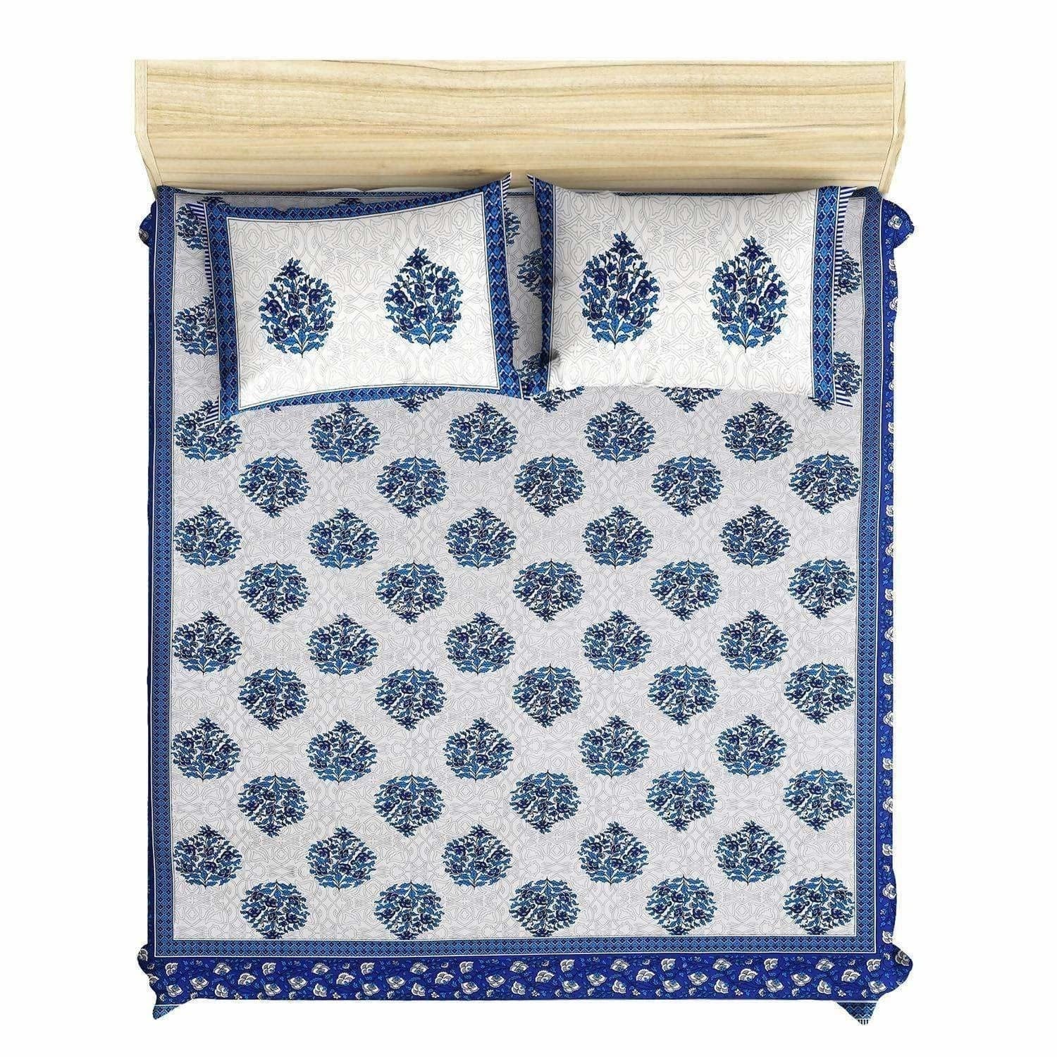Queen Size 230x270 Cms Jaipuri Hand Block Printed Traditional 144TC Cotton Bedsheet with 2 Pillow Covers | Grocsy