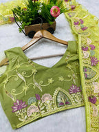 Vastranavya Soft Crush Georgette With Embroidery and Foil Multi Thread Work Saree - Light olive | Grocsy