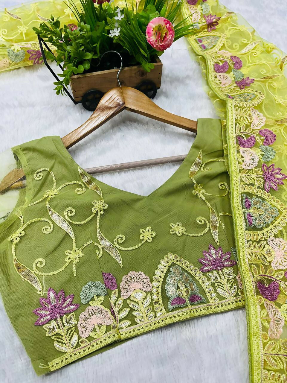Vastranavya Soft Crush Georgette With Embroidery and Foil Multi Thread Work Saree - Light olive | Grocsy