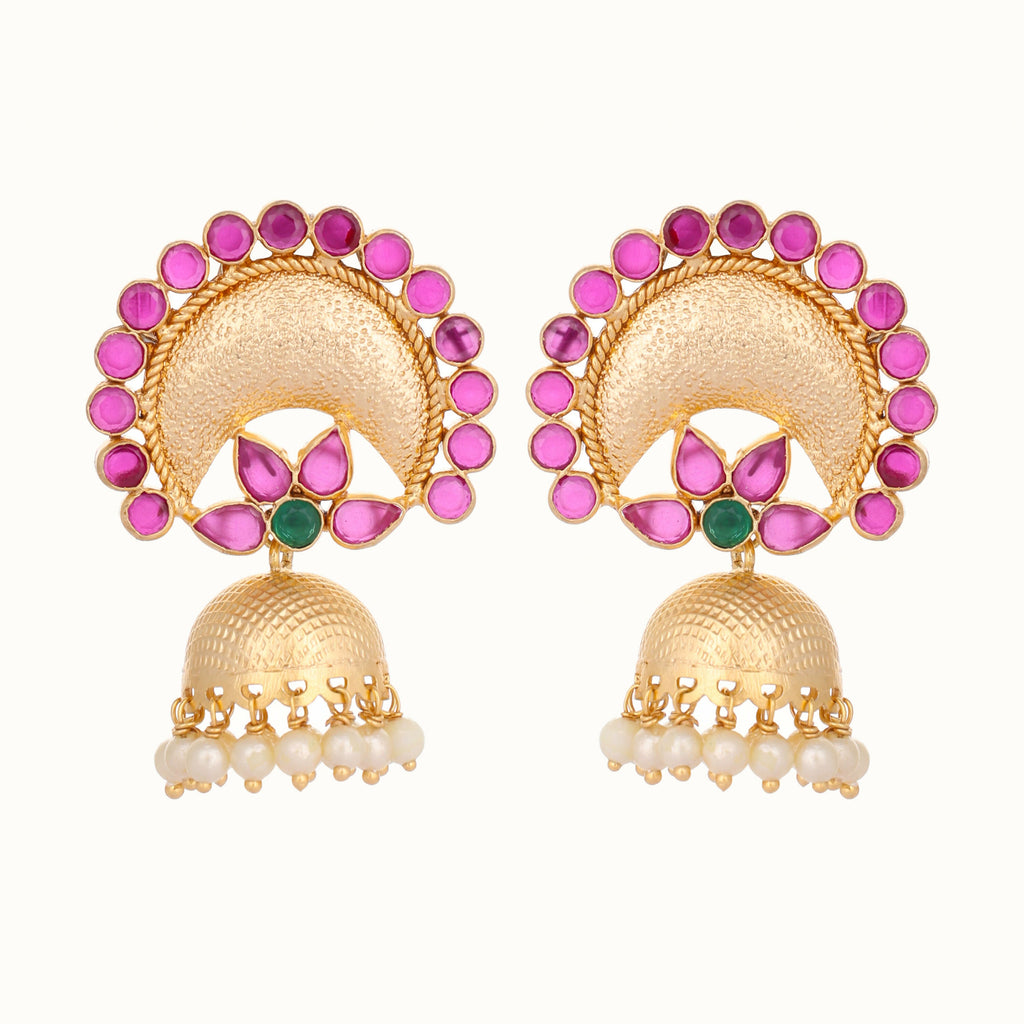 Nuyug 22K Gold Plated Ruby & Pearl Studded Dome Shaped Jhumkas | Grocsy