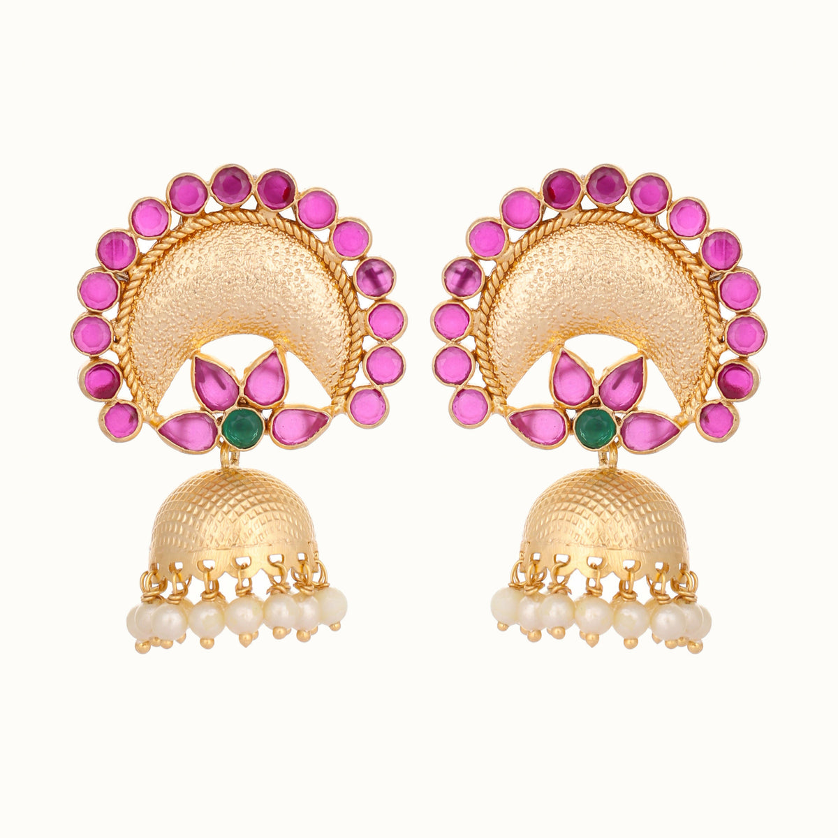 Nuyug 22K Gold Plated Ruby & Pearl Studded Dome Shaped Jhumkas | Grocsy