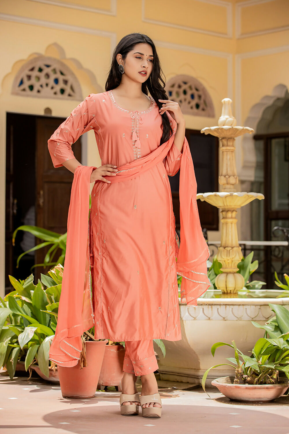 Kaajh Women's Rust Modal Silk Kurta Pant Set With Dupatta | Grocsy