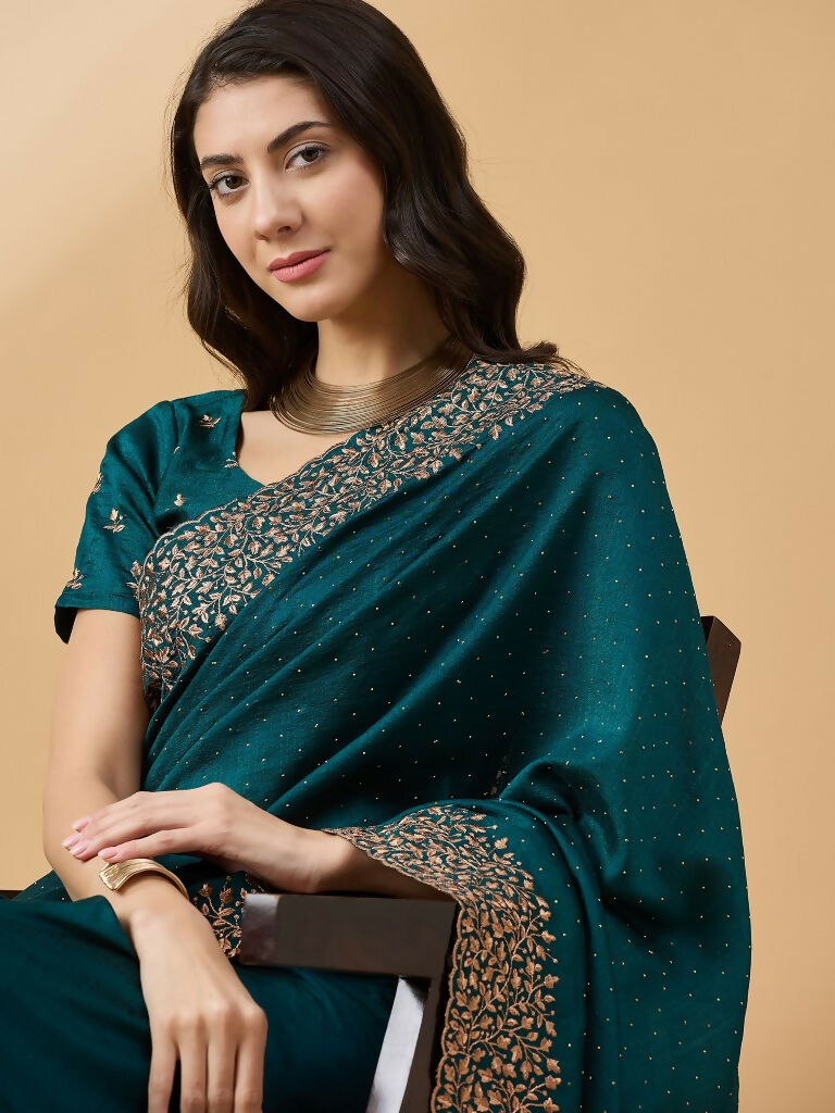 Teal Silk Blend Embroidered Saree with Unstitched Blouse - Vairagi | Grocsy
